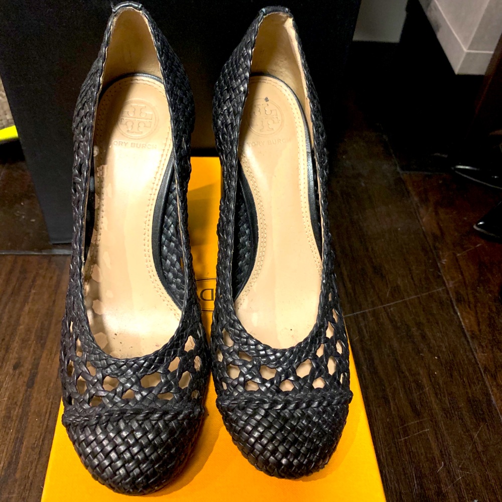 Tory Burch woven black heels